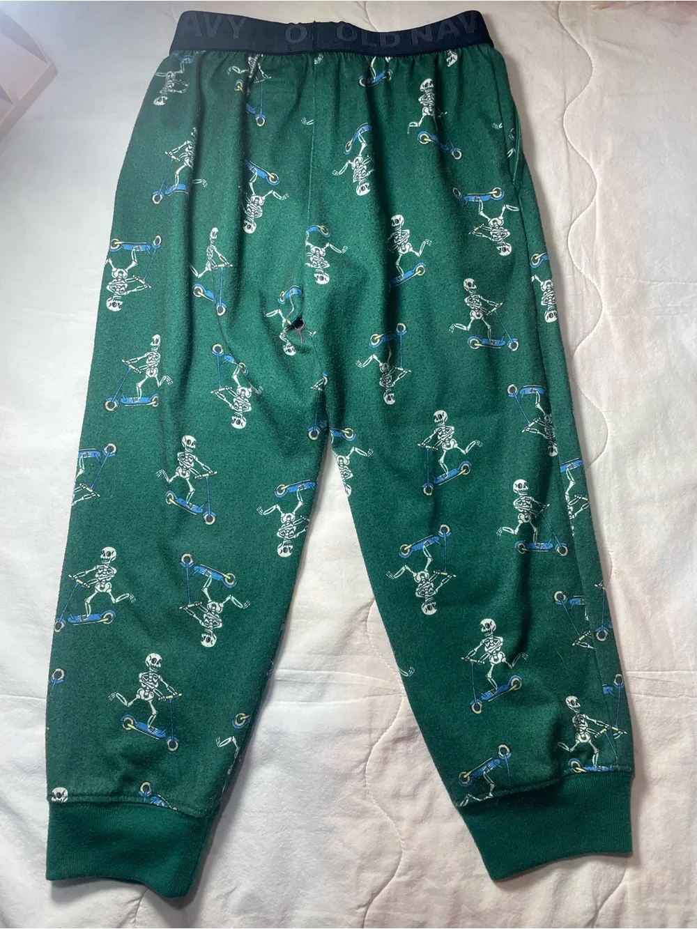 Old Navy Green Skeleton Scooter Pajama Set with Navy Waistband